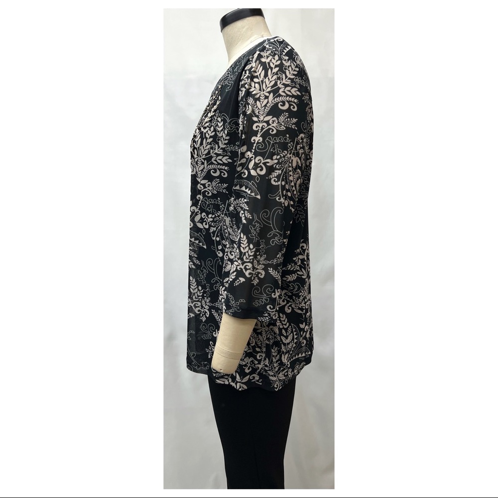 CJ Banks Black Multicolor Embellished 3/4 Sleeve Knit Printed Mesh Blouse - Picture 5 of 15